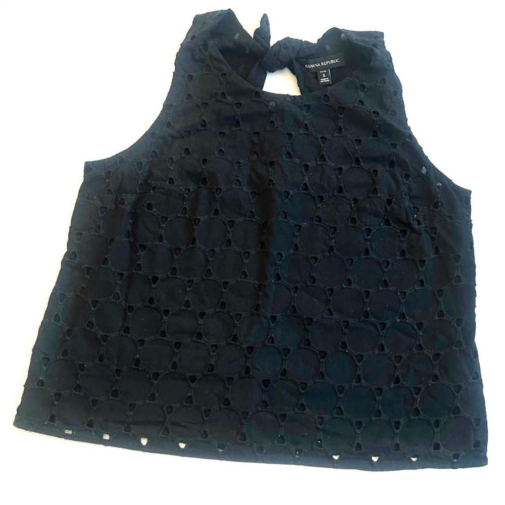 Banana Republic women’s black eyelet top with a tie back.